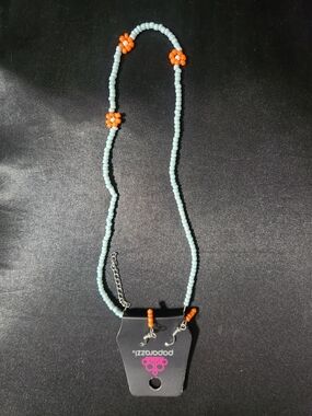 paparazzi Light Blue Seed Bead Necklace with Orange Flower Clusters